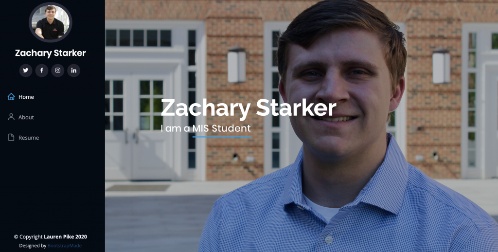 Screenshot of the home page for the site I created for Zachary Starker.