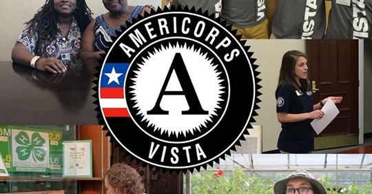 AmeriCorps VISTA collage that shows different employees in various settings teaching their lessons about 4-H